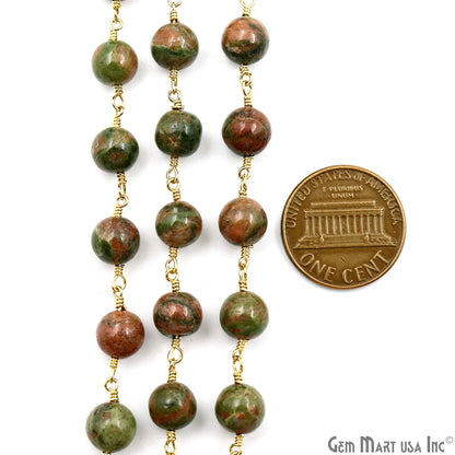 Unakite Cabochon Beads 8mm Gold Plated Gemstone Rosary Chain