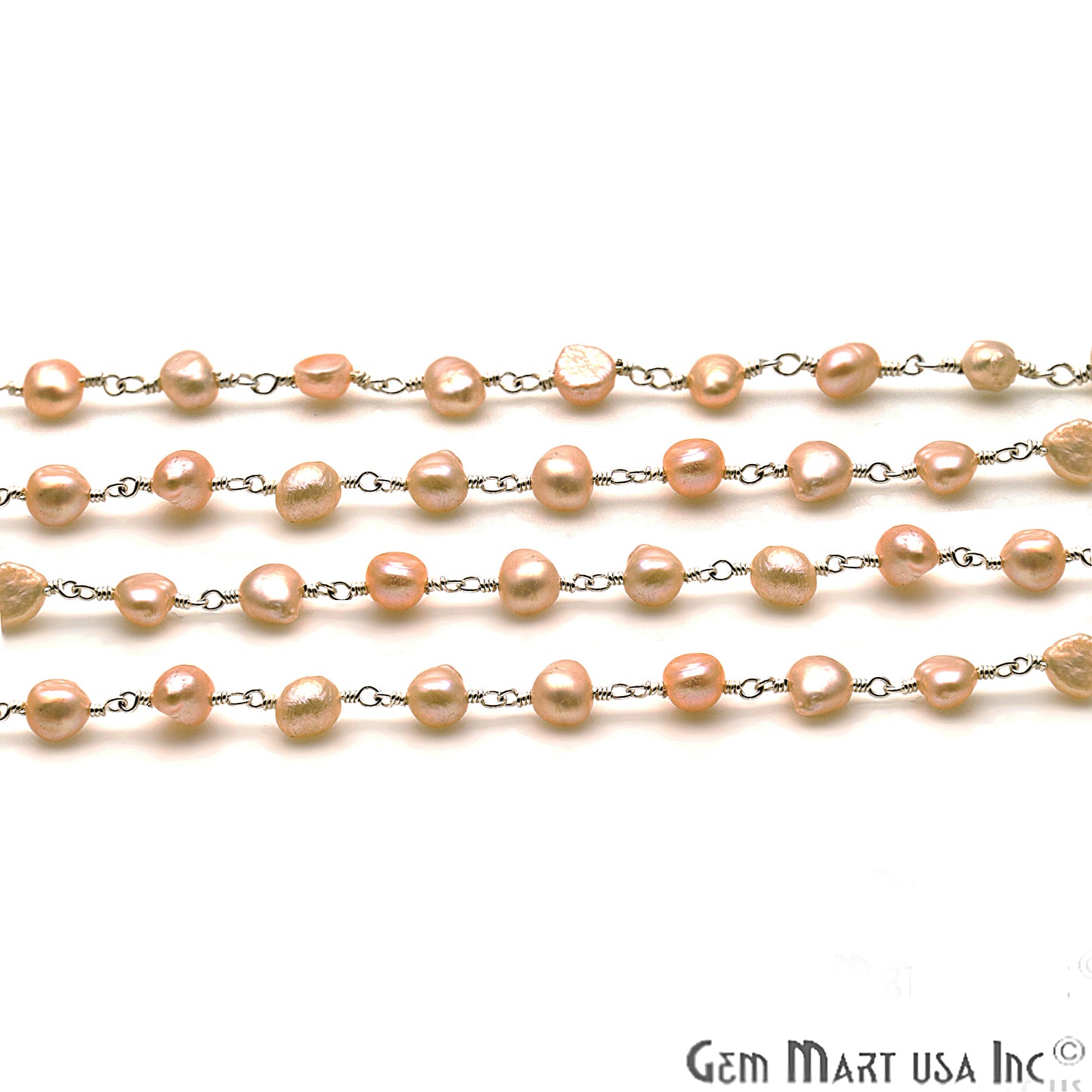 Pink Pearl Nugget Beads 10-15mm Silver Plated Wire Wrapped Rosary Chain - GemMartUSA