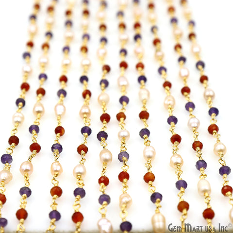 Multistone Faceted Beads With Pearl 3-3.5mm Gold Plated Wire Wrapped Beads Rosary Chain