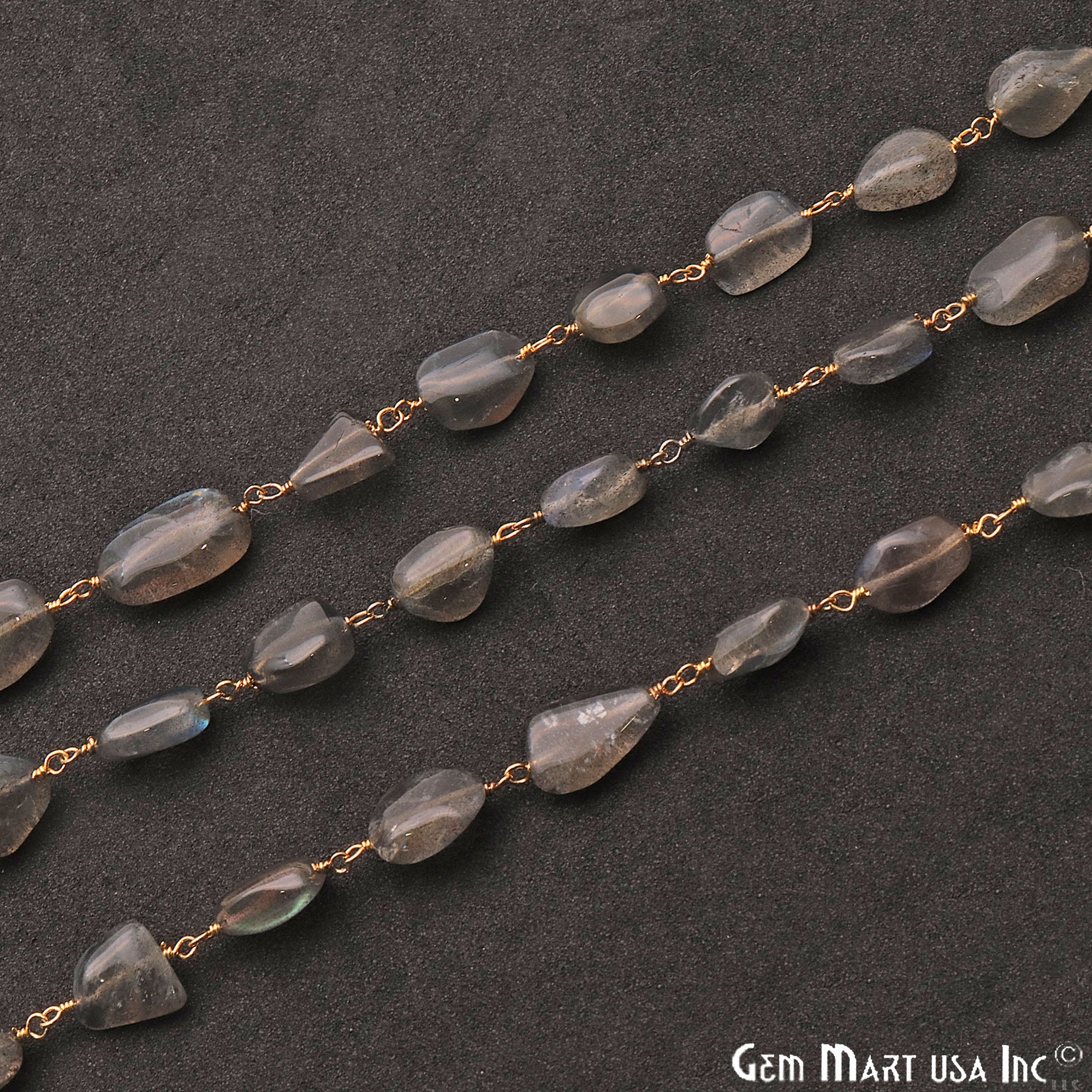 Labradorite Free Form Beads 10x6mm Gold Plated Wire Wrapped Rosary Chain - GemMartUSA