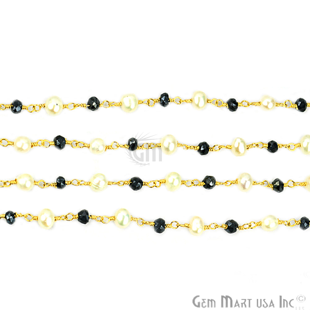 Black Spinel With Pearl 3-3.5mm Gold Plated Wire Wrapped Beads Rosary Chain