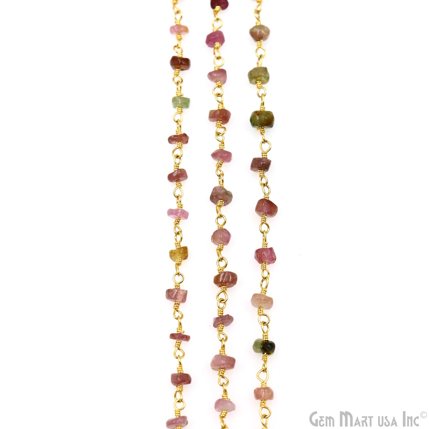 Multi Tourmaline Cabochon 3-3.5mm Gold Wire Wrapped Rosary Chain