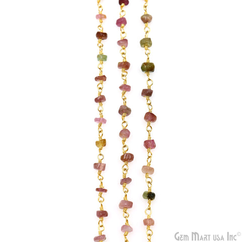 Multi Tourmaline Cabochon 3-3.5mm Gold Wire Wrapped Rosary Chain