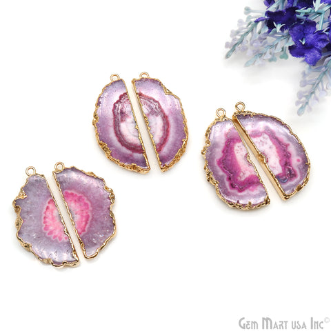Agate Slice 15x38mm Organic Gold Electroplated Gemstone Earring Connector 1 Pair