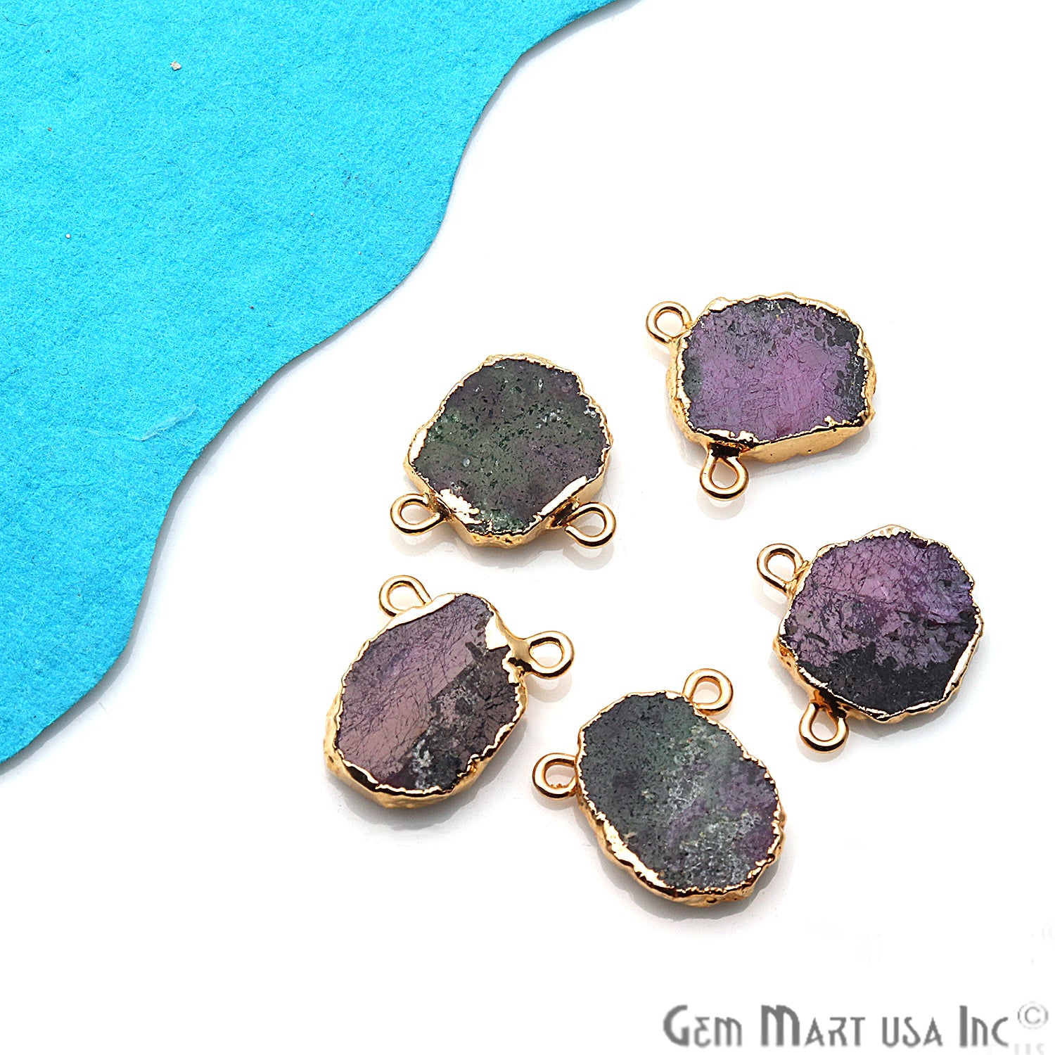 Rough Ruby Zoisite Gemstone 15x12mm Gold Edge Cat Bail Connector Charm - GemMartUSA