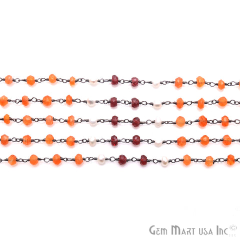 Carnelian, Garnet & Pearl Multi Gemstone Beaded Wire Wrapped Rosary Chain - GemMartUSA