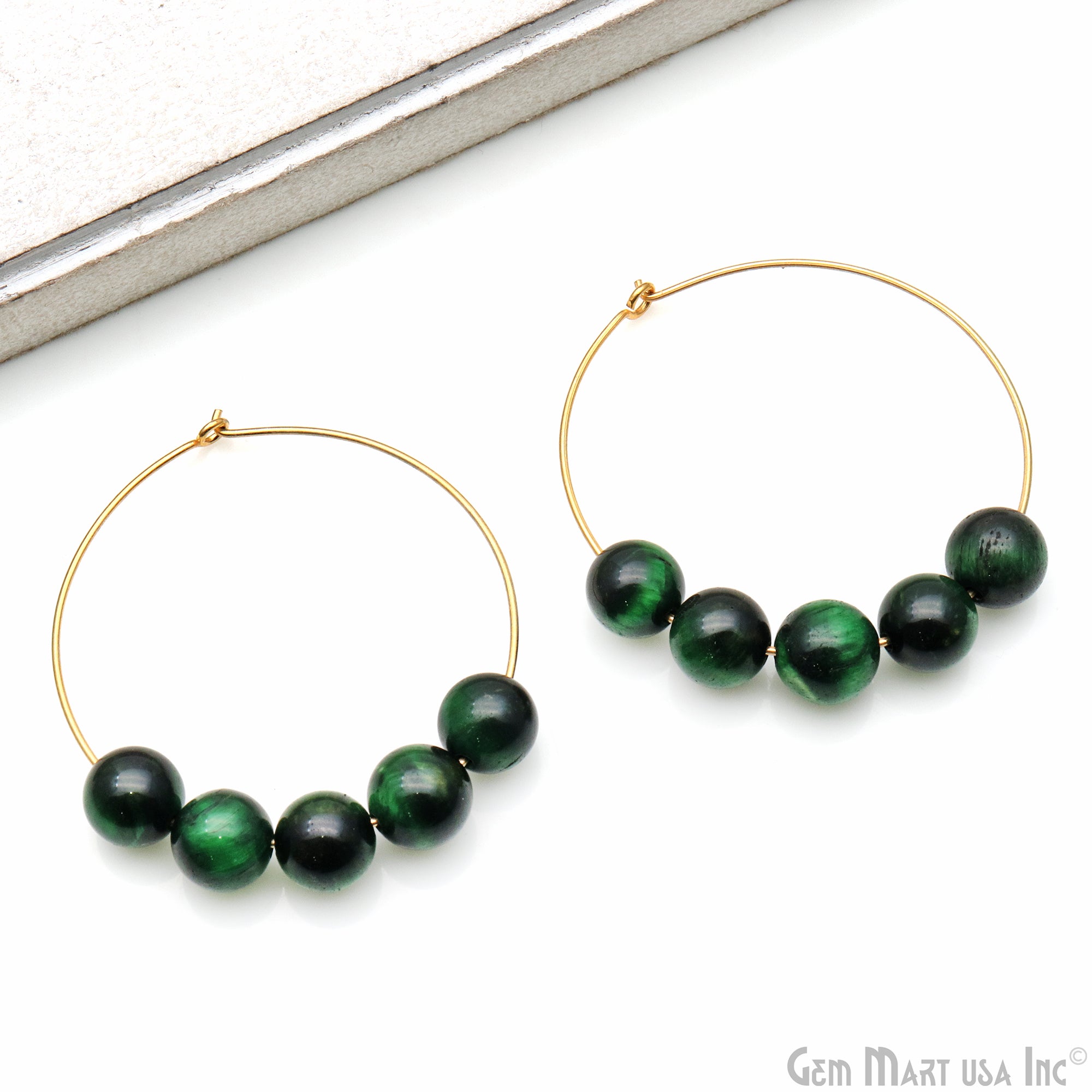 Round Hoop 43x37mm Big Gemstone Beads Gold Plated Earrings