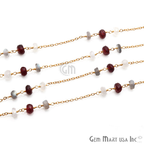Multi Color Gemstone 5-6mm Beaded Gold Plated Wire Wrapped Rosary Chain - GemMartUSA