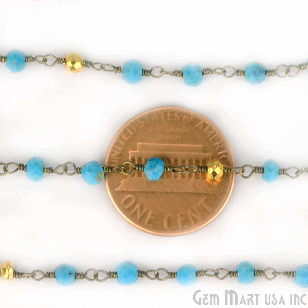 Turquoise With Gold Pyrite Oxidized Wire Wrapped Beads Rosary Chain (764423634991)