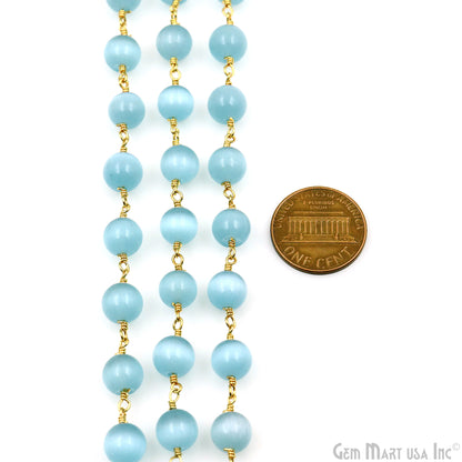 Blue Monalisa Smooth Beads 8mm Gold Plated Wire Wrapped Rosary Chain