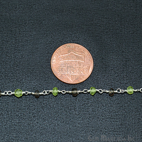 Smokey Topaz With Peridot 3-3.5mm, Silver Plated Wire Wrapped Rosary Chain