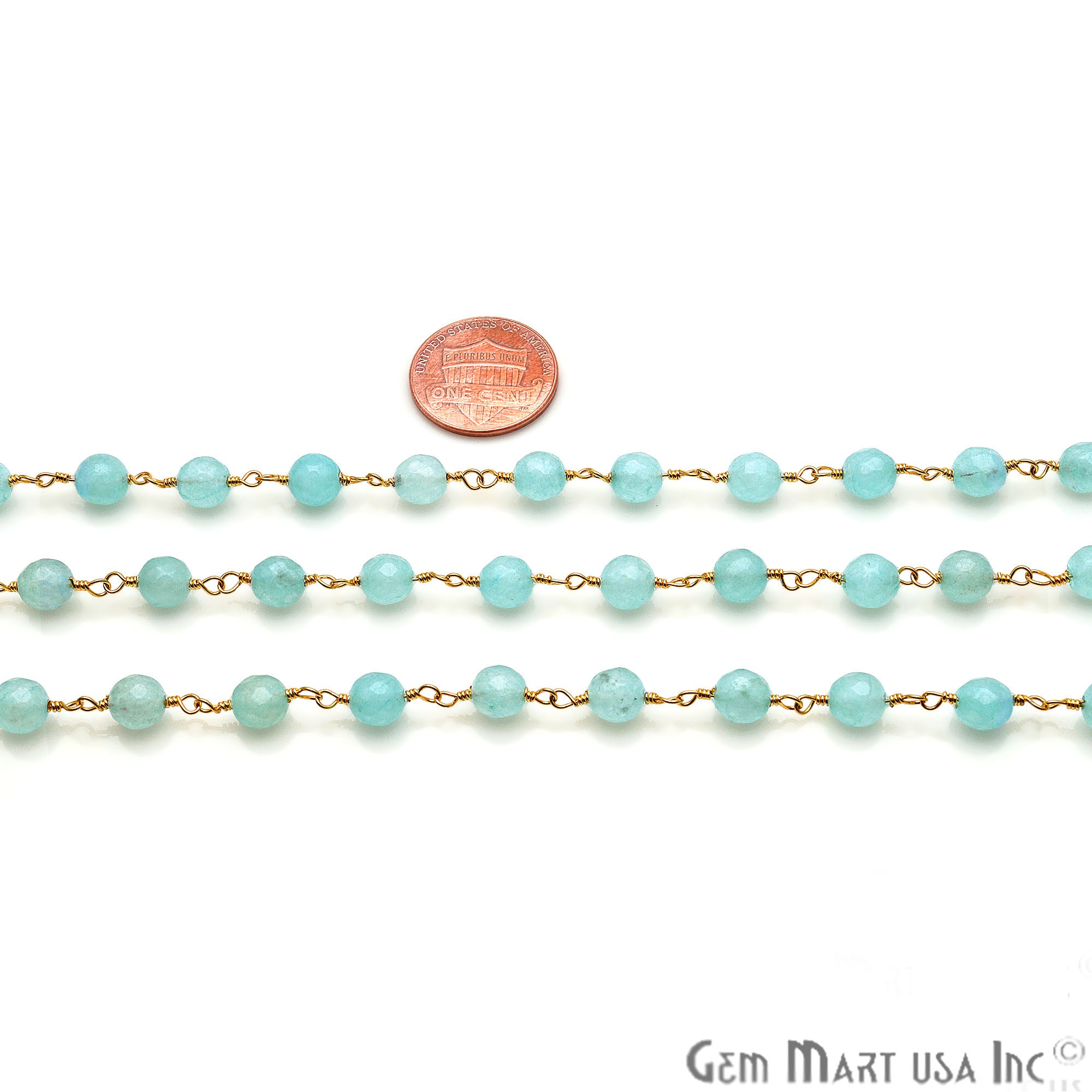 Turquoise Green Jade Faceted Beads 6mm Gold Wire Wrapped Rosary Chain - GemMartUSA