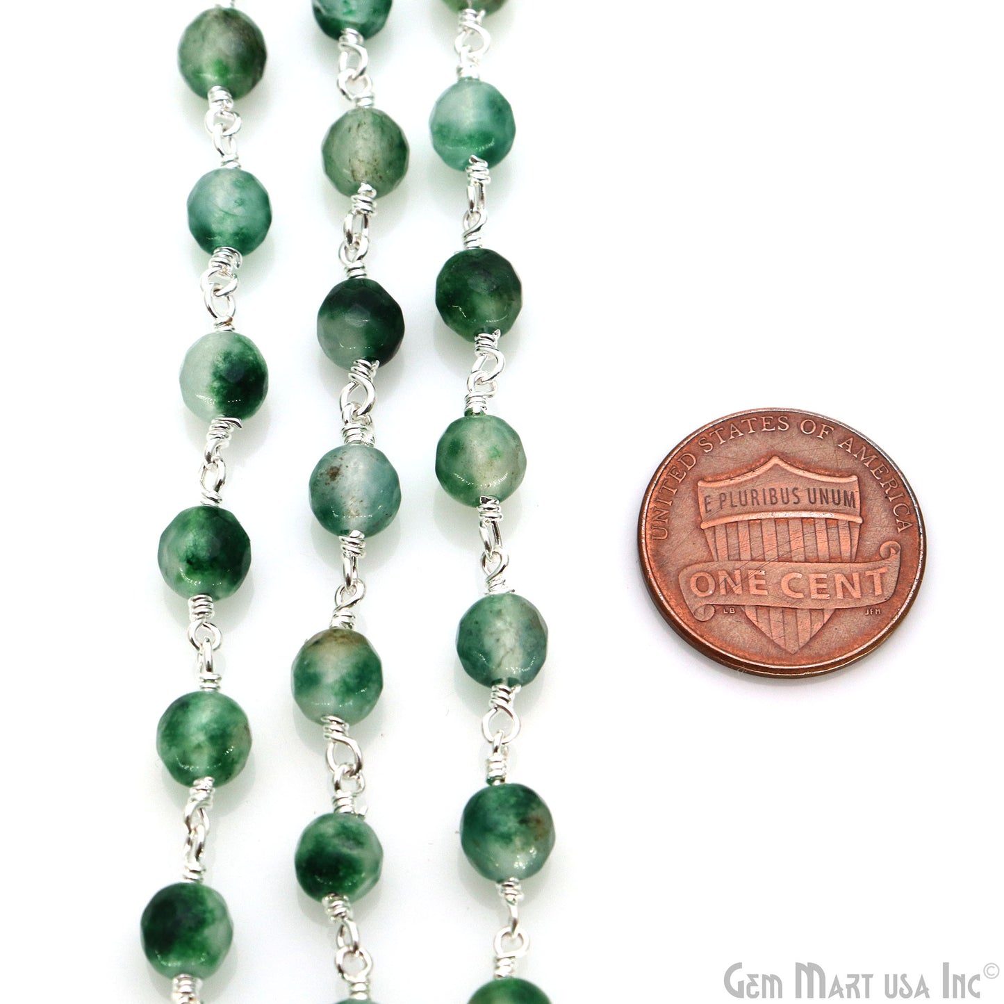 Emerald Jade Cabochon 6mm Beads Silver Wire Wrapped Rosary Chain