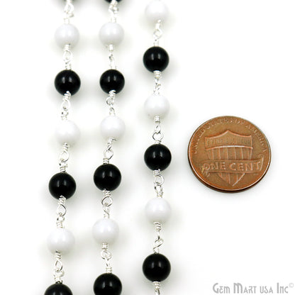 Black Spinel & White Agate 6mm Silver Plated Smooth Beads Wire Wrapped Rosary Chain