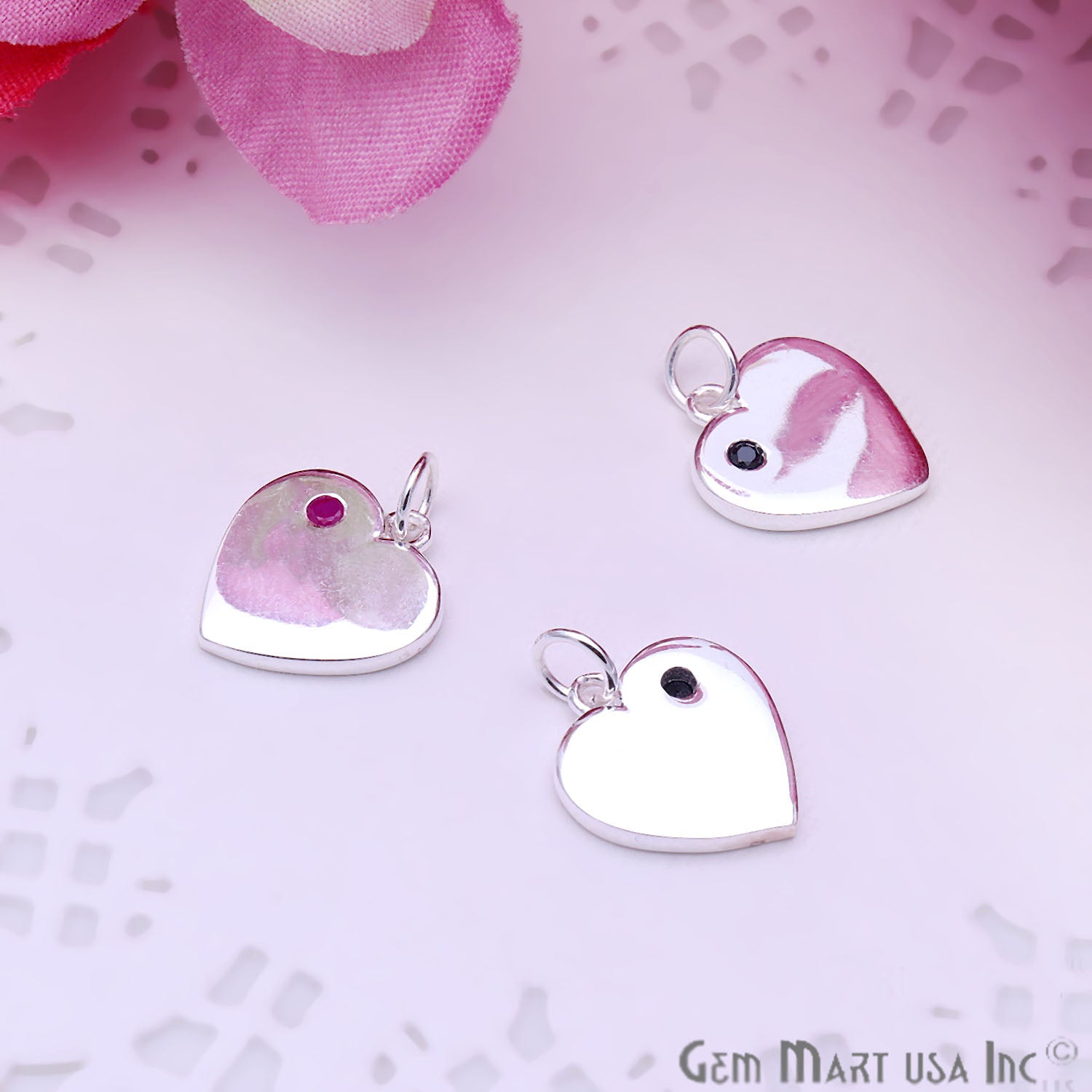 Silver Heart Minimal Pendant 14x13mm (Pick Your Gemstone) - GemMartUSA