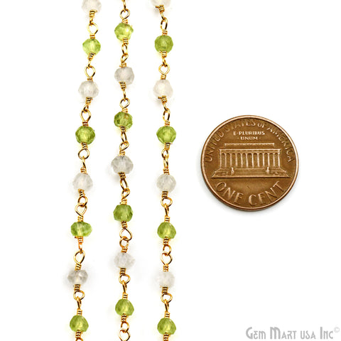 Rainbow Moonstone With Peridot 3-3.5mm Gold Plated Wire Wrapped Rosary Chain