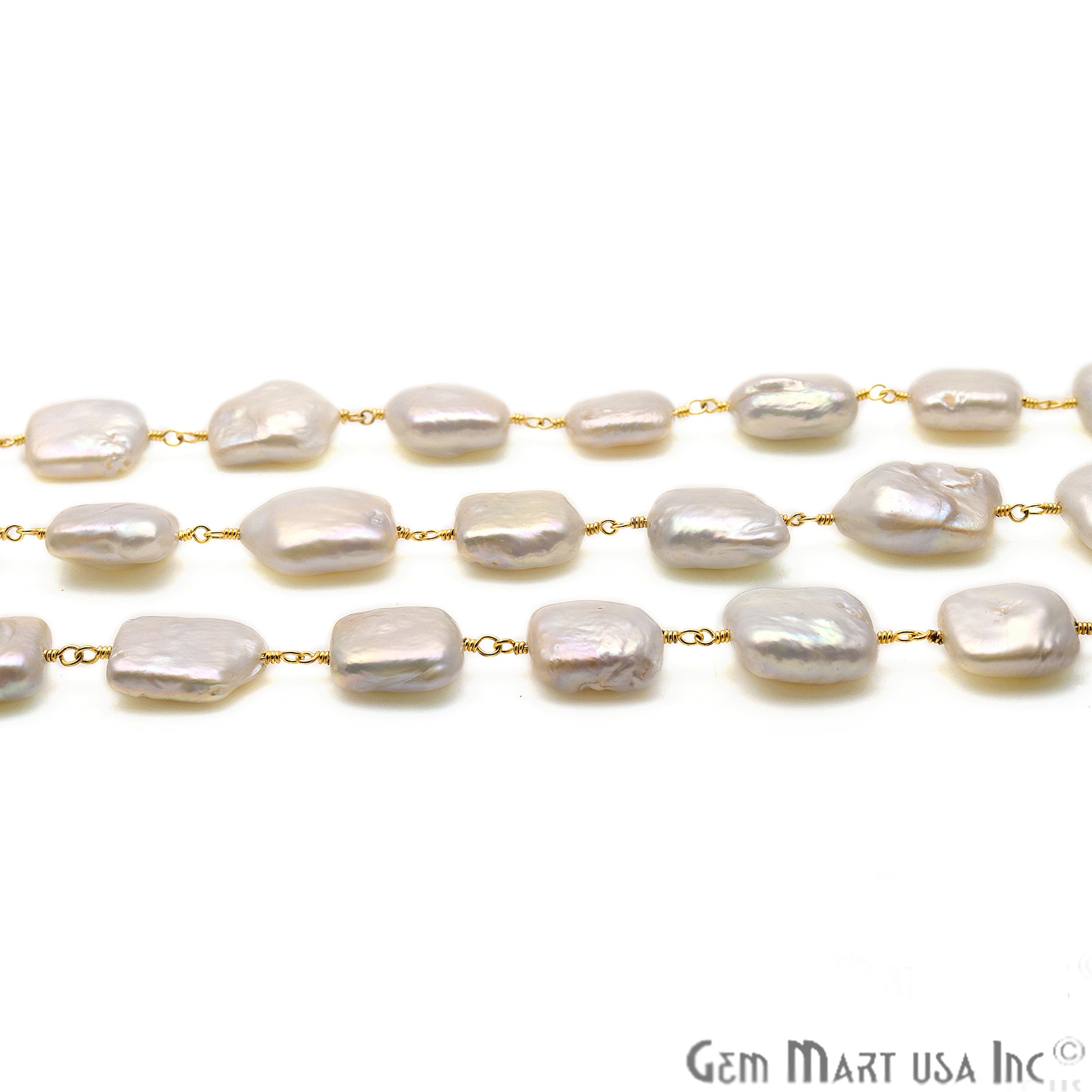 Natural Pearl Free Form 12-15mm Gold Plated Wire Wrapped Rosary Chain - GemMartUSA