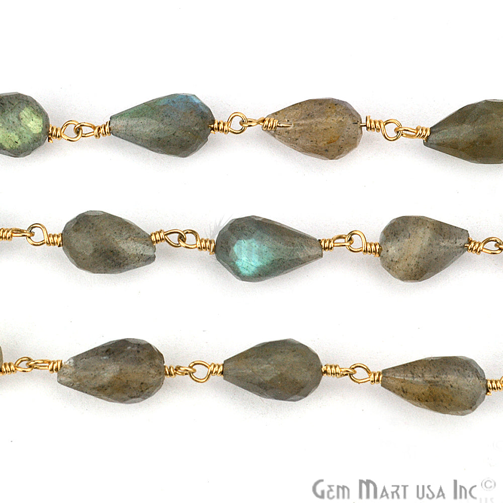 Labradorite Drop Beads 7x9mm Gold Plated Wire Wrapped Rosary Chain - GemMartUSA