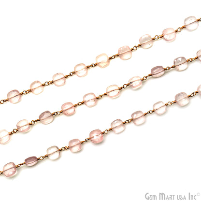 Rose Quartz Faceted 7-8mm Square Beads Gold Plated Rosary Chain