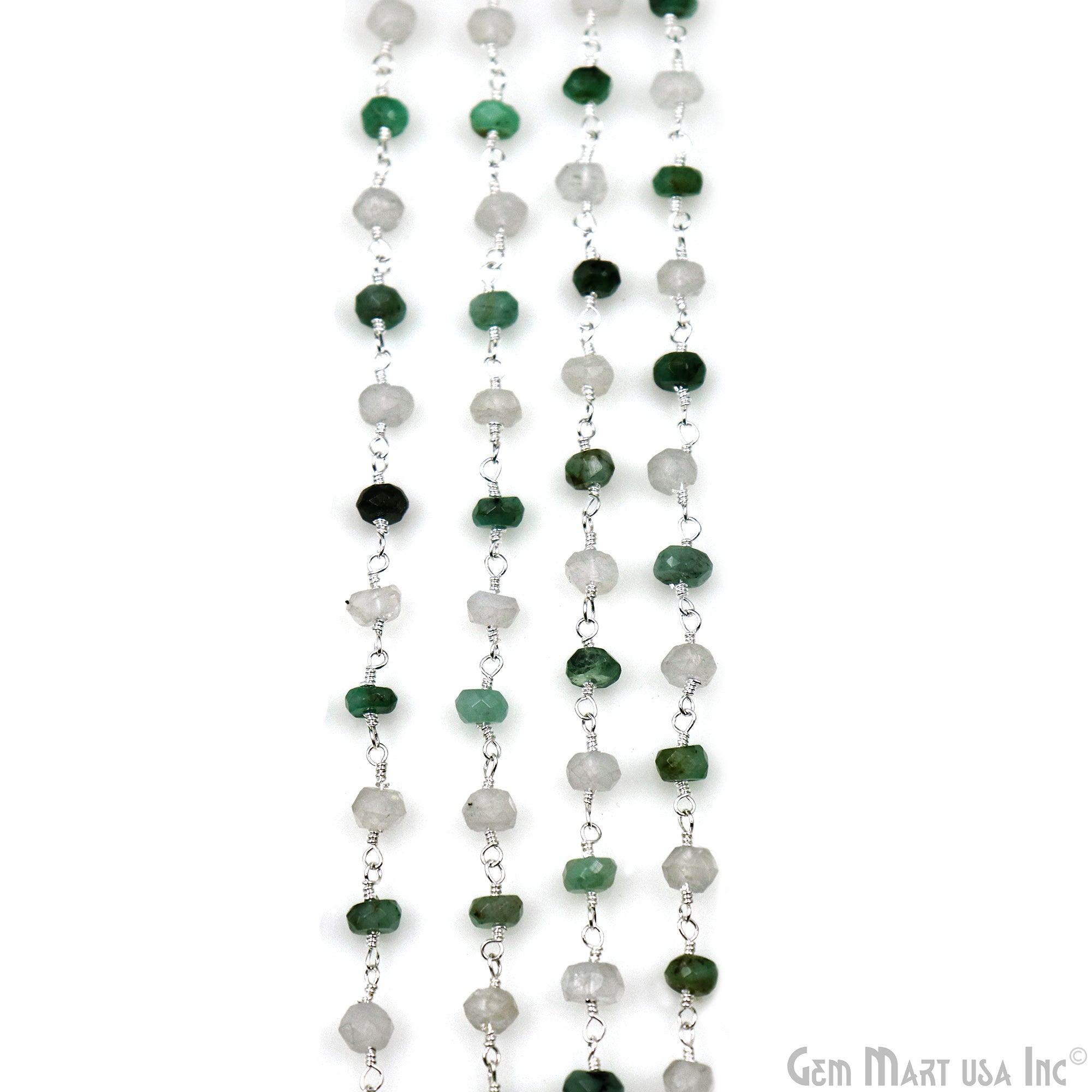 Emerald & Rainbow Faceted Beads 4mm Silver Wire Wrapped Rosary Chain