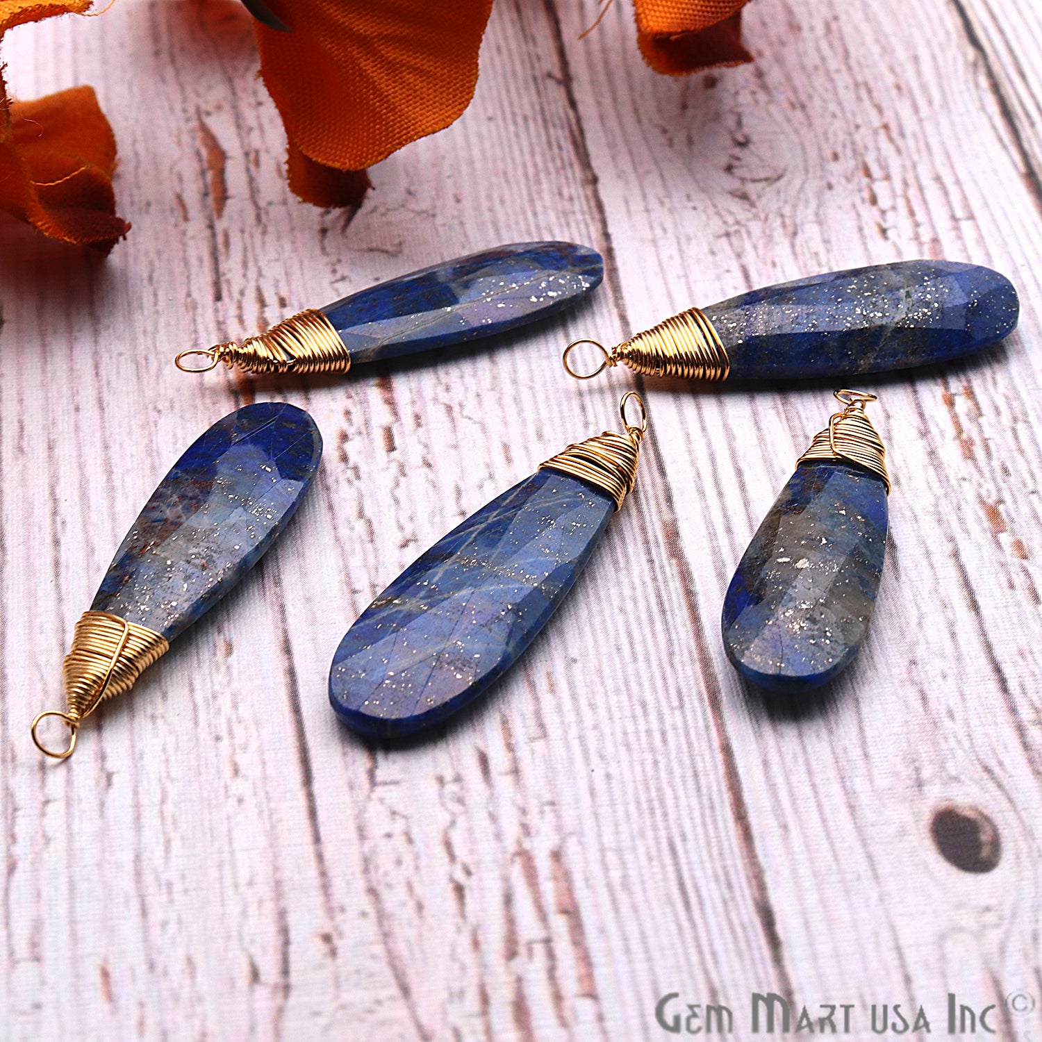 Lapis Lazuli 41x10mm Pear Shaped Gold Wire Wrapped Connector Pendant - GemMartUSA