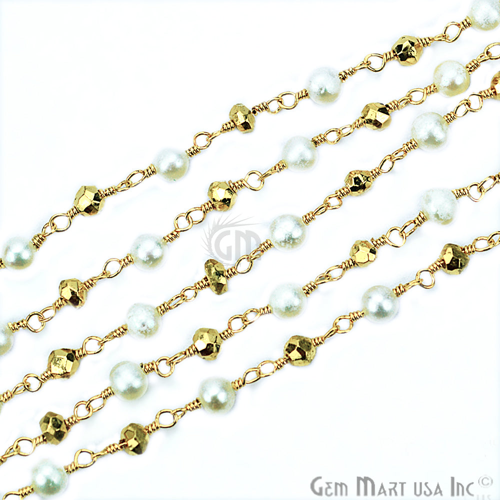 Golden Pyrite With Pearl Gold Plated Wire Wrapped Beads Rosary Chain - GemMartUSA