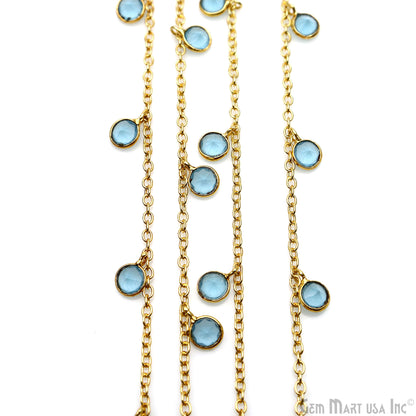 Sky Blue Chalcedony Round 5mm Gold Plated Bezel Connector Dangle Rosary Chain