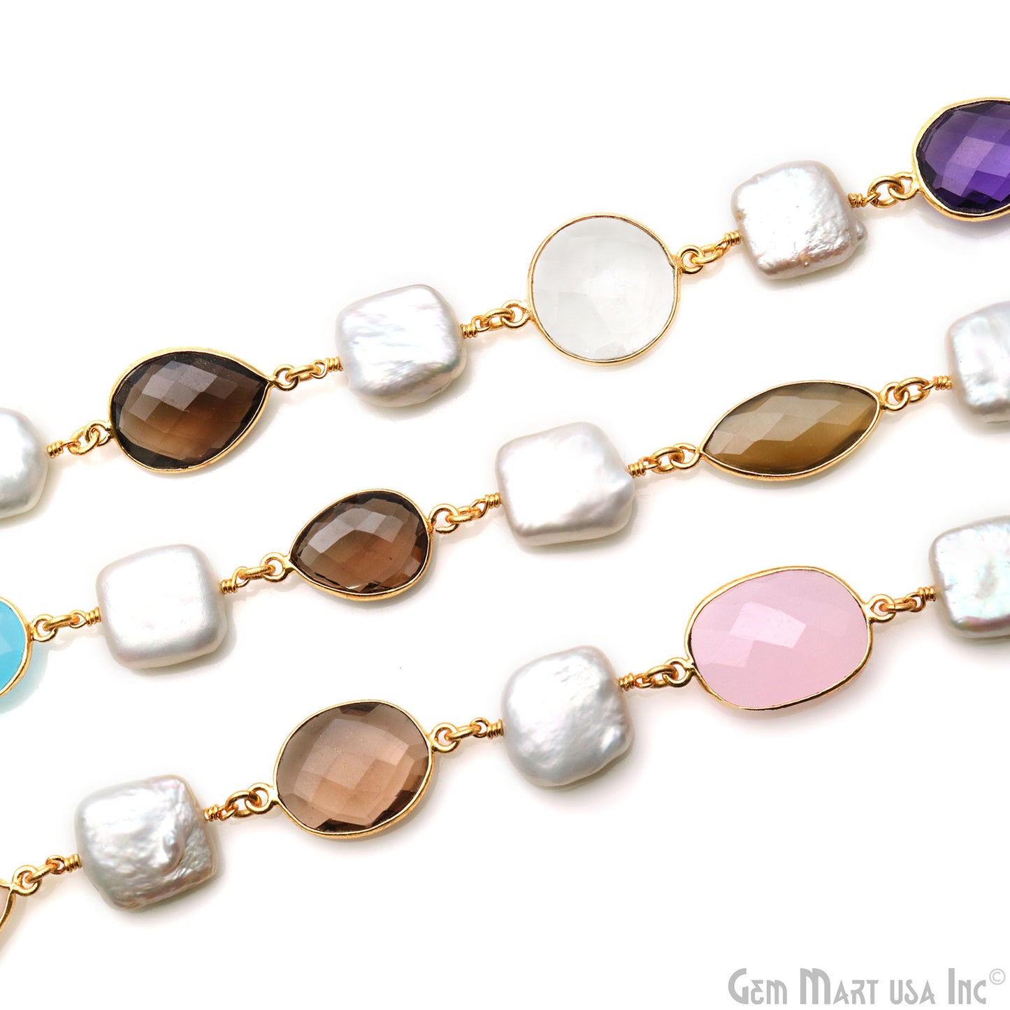 Multi-Color & Mix Shape Gemstone With Square Pearl Beads 10-15mm Gold Plated Bezel Faceted Continuous Connector Chains