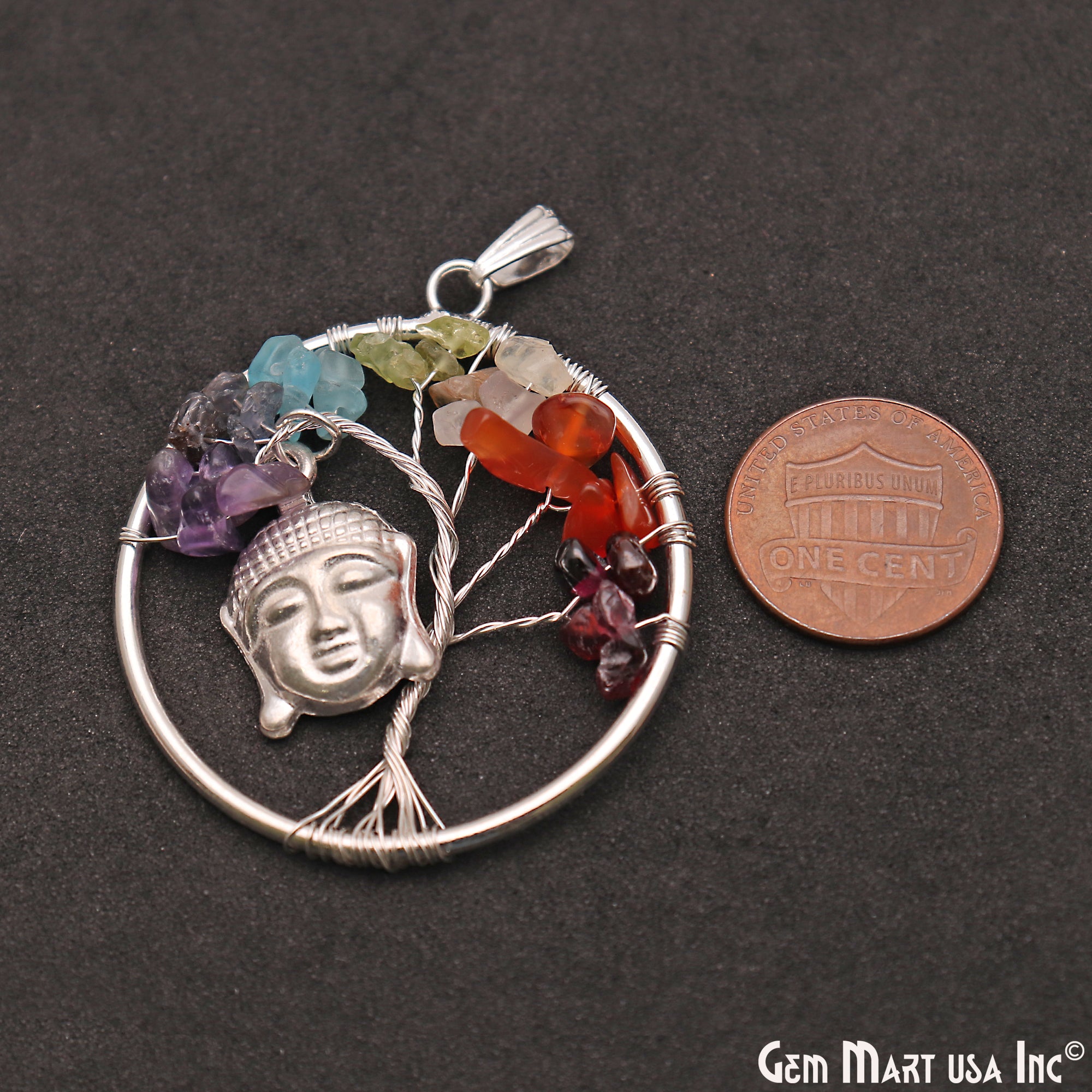 Multi Color Stone Silver Wire Wrapped Pendant With Face 45x40mm - GemMartUSA