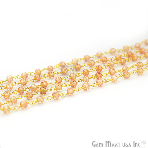 Brown Zircon Faceted 2.5-3mm Gold Plated Wire Wrapped Beads Rosary Chain
