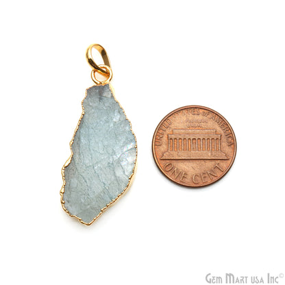 Aquamarine Free Form shape 37x16mm Gold Electroplated Gemstone Single Bail Pendant