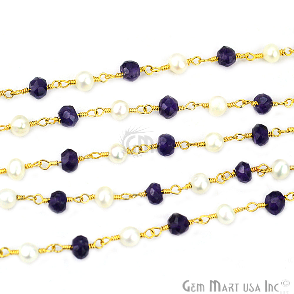 Amethyst With Pearl Gold Plated Wire Wrapped Beads Rosary Chain - GemMartUSA