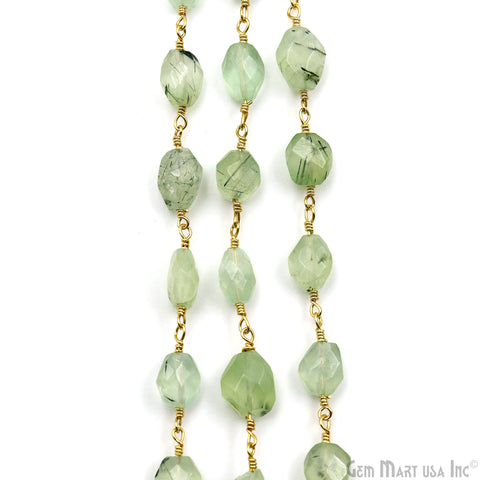 Green Rutile Faceted Beads 6x8mm Gold Wire Wrapped Rosary Chain