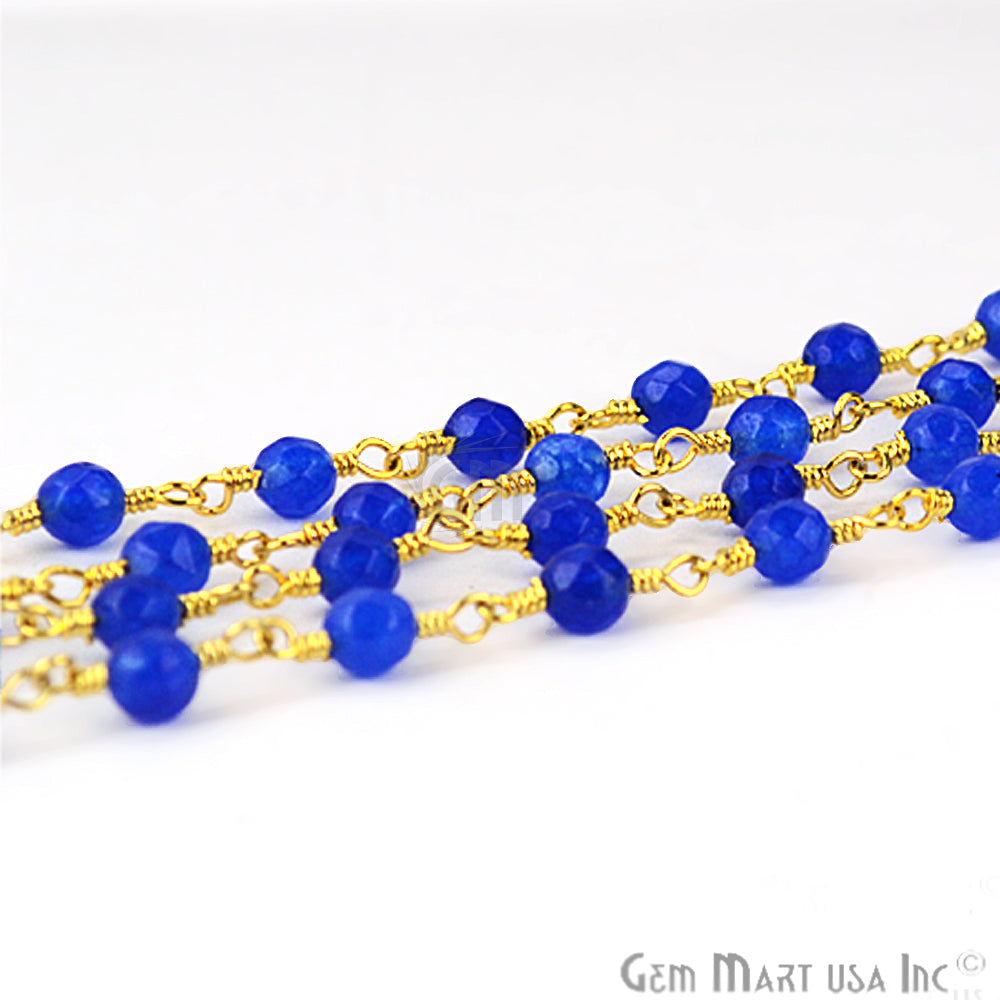 Blue Jade 4mm Beads Gold Plated Wire Wrapped Rosary Chain - GemMartUSA (762911981615)