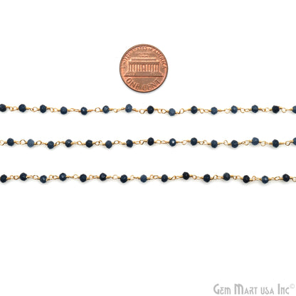 Black Sapphire Jade Faceted 3-3.5mm Gold Wire Wrapped Rosary Chain