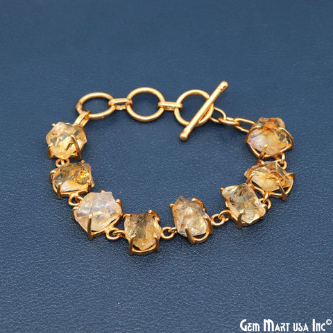 Natural Rough Gemstone In Gold Plated Prong Setting Toggle Clasp Bracelet 7 Inch