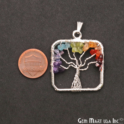 Multi Color Tree Of Life 39x35mm Silver Wire Wrapped Square Shape Pendant - GemMartUSA