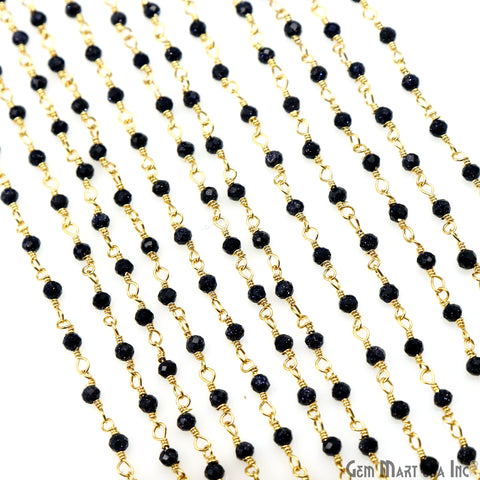 Sapphire 2-2.5mm Tiny Beads Gold Plated Wire Wrapped Rosary Chain