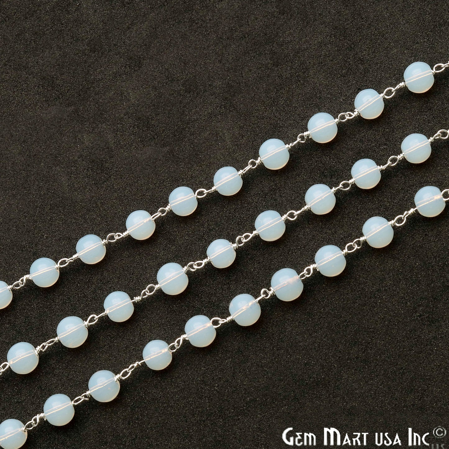 Opalite Jade Smooth Beads 6mm Silver Plated Wire Wrapped Rosary Chain - GemMartUSA