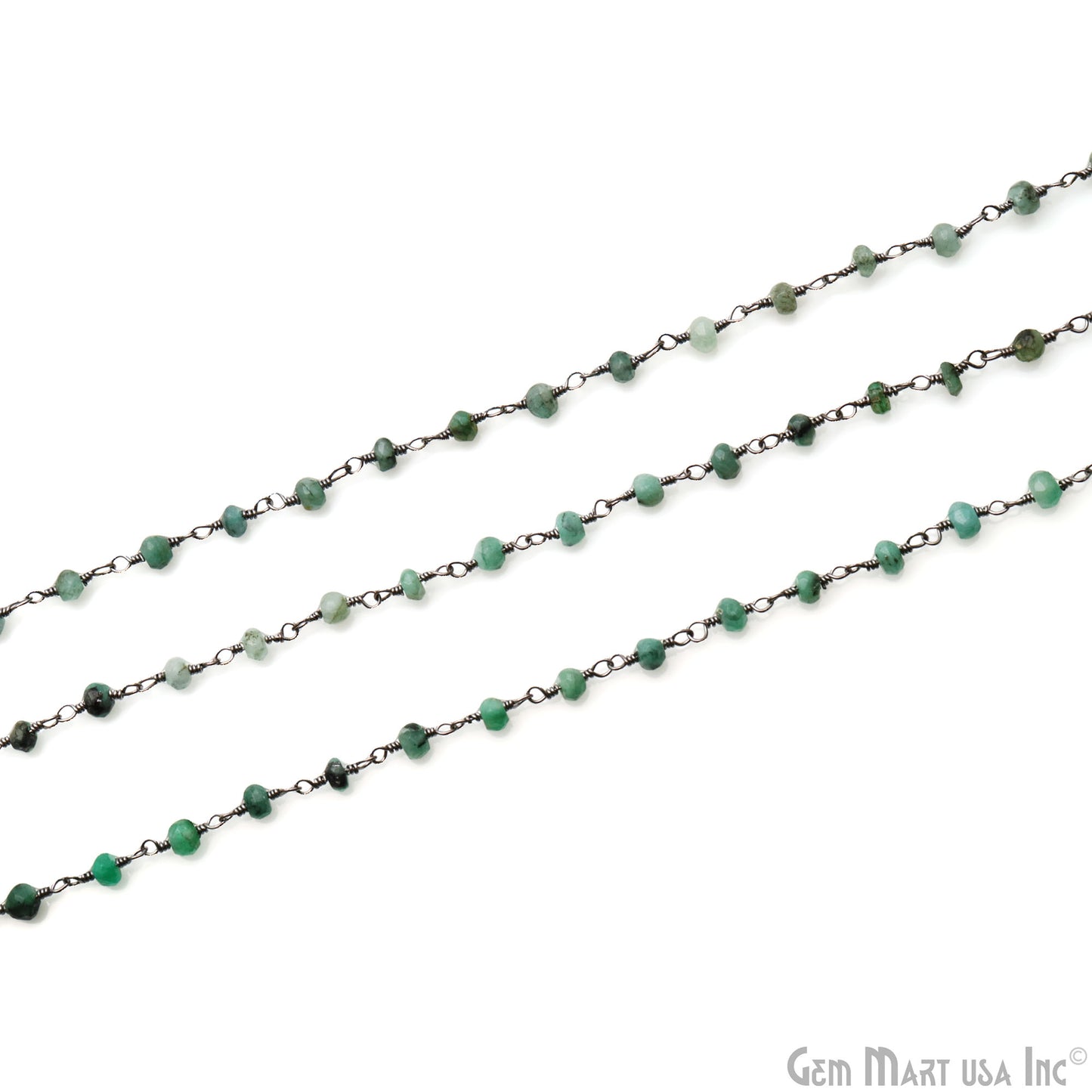 Emerald Faceted 3-3.5mm Oxidized Wire Wrapped Beads Rosary Chain