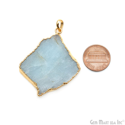 Aquamarine Free Form shape 50x41mm Gold Electroplated Gemstone Single Bail Pendant