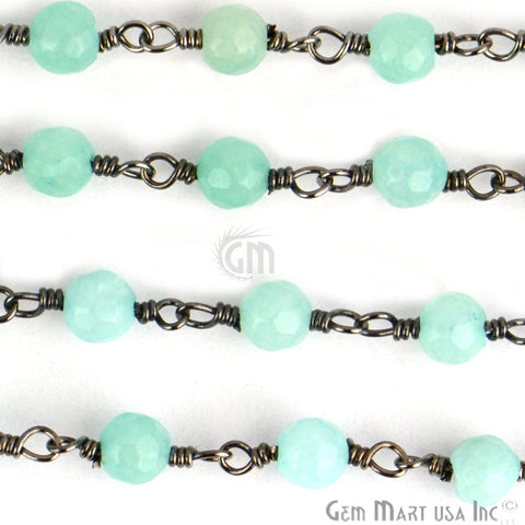 Aqua Jade 4mm Oxidized Wire Wrapped Beads Rosary Chain
