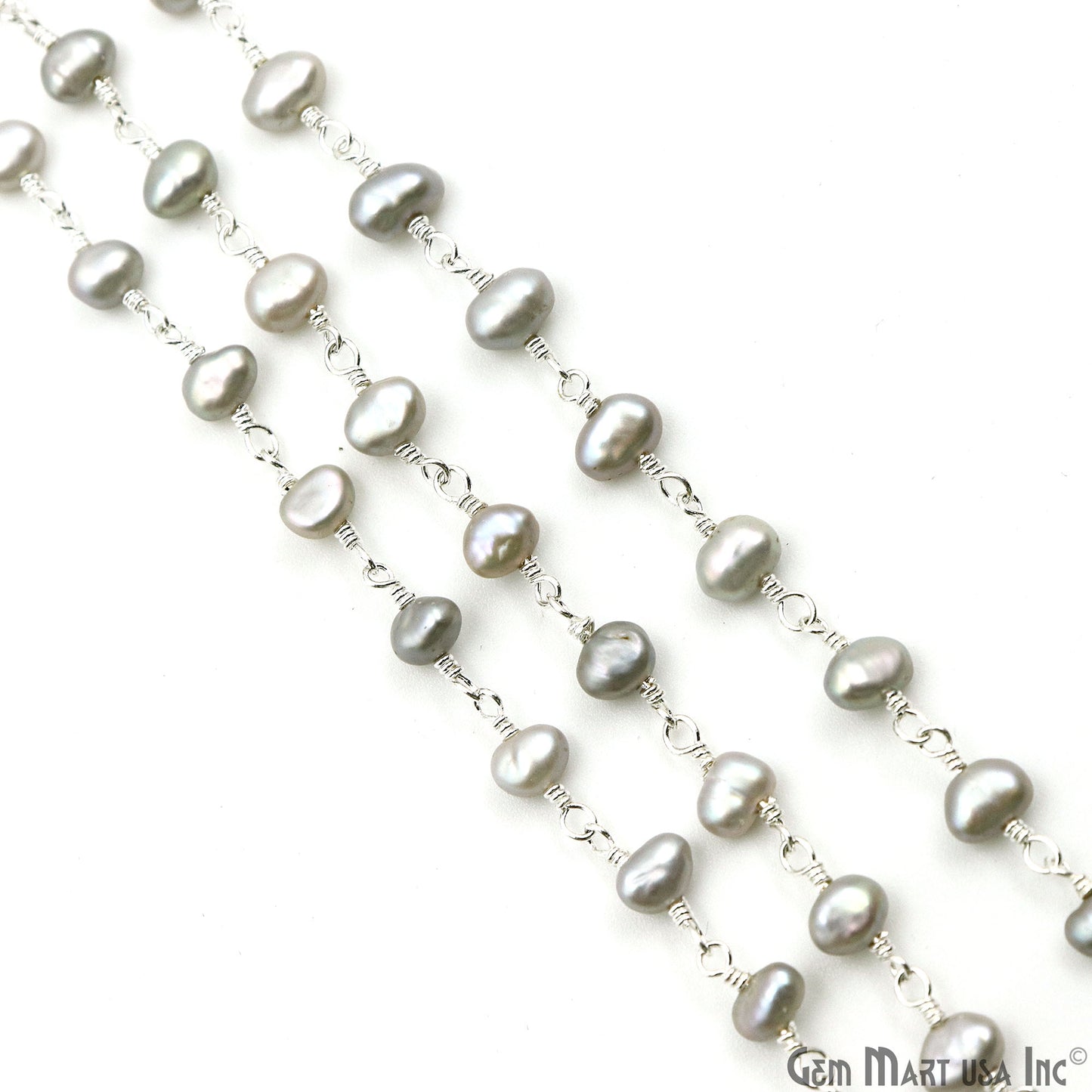 Gray Pearl Free Form Beads 4-5mm Silver Plated Wire Wrapped Rosary Chain