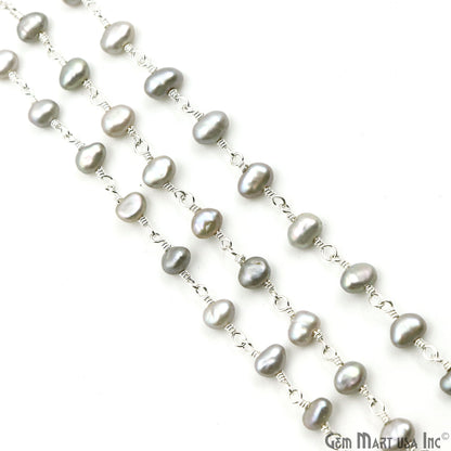 Gray Pearl Free Form Beads 4-5mm Silver Plated Wire Wrapped Rosary Chain