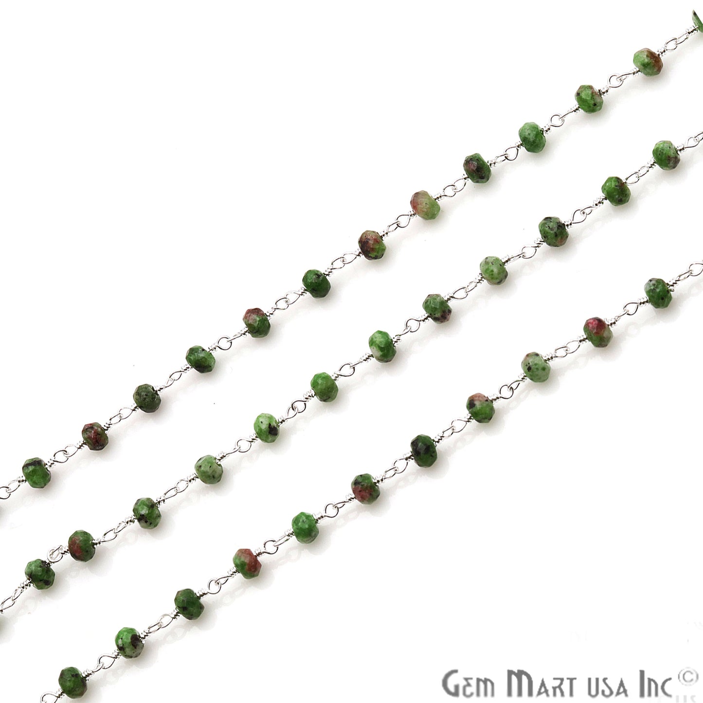 Ruby Zoisite Jade Faceted Beads 4mm Silver Plated Wire Wrapped Rosary Chain - GemMartUSA