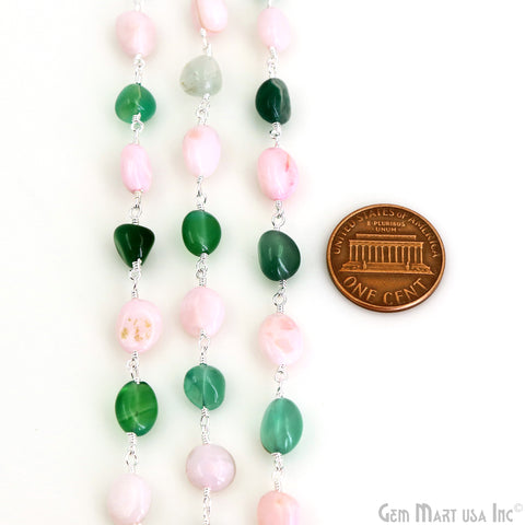 Shaded Green Onyx & Pink Opal 8x5mm Tumble Beads Silver Plated Rosary Chain