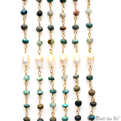 Chrysocolla 4mm Beads & Pearl 7x5mm Oval Beads Gold Plated Rosary