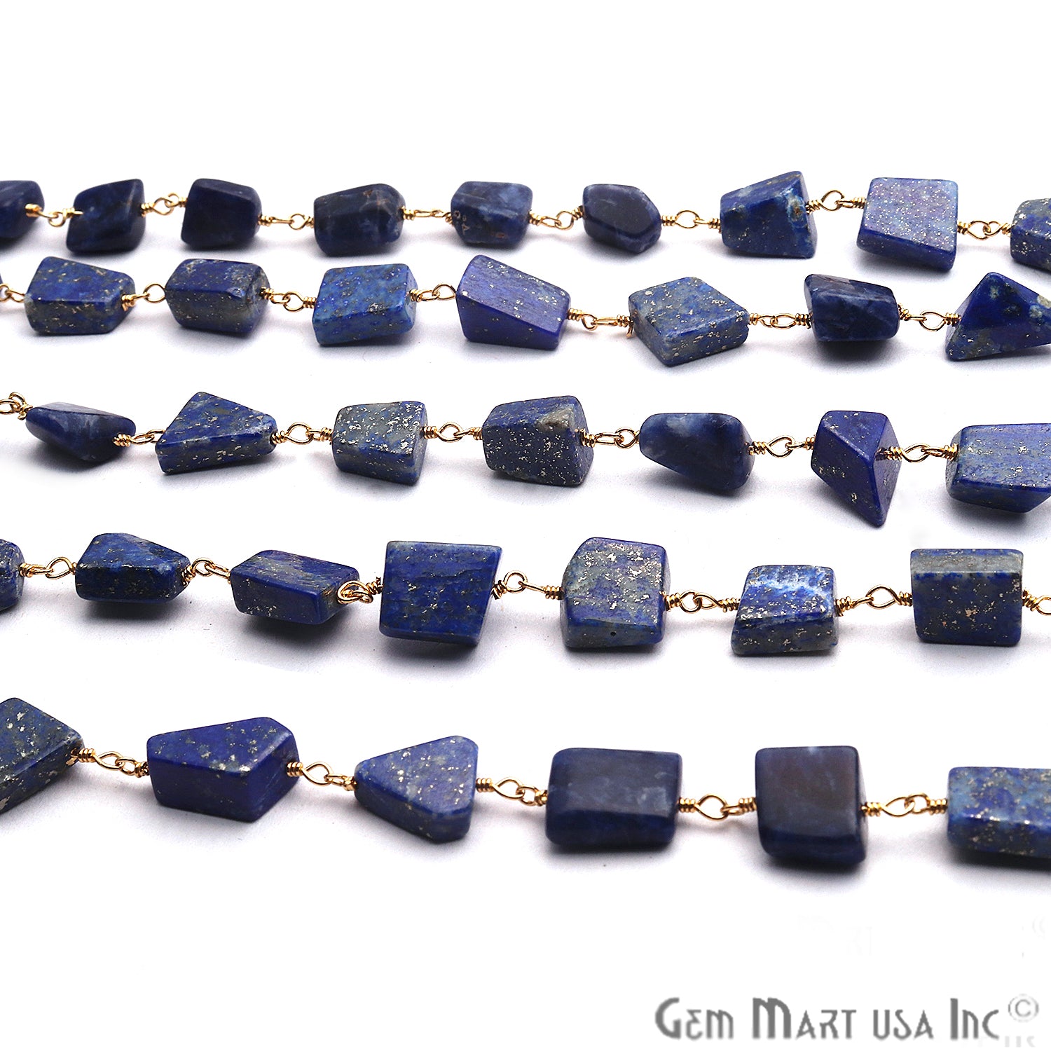 Lapis Smooth 12x8mm Tumble Gold Wire Wrap Rough Bead Faceted Rosary Chain - GemMartUSA