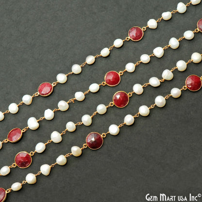 Pearl & Ruby Gold Wire Wrapped Beaded Rosary Chain