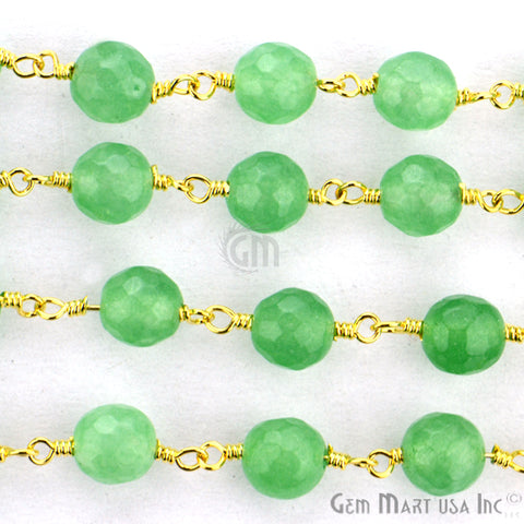 Green Jade Faceted Beads 6mm Gold Wire Wrapped Rosary Chain